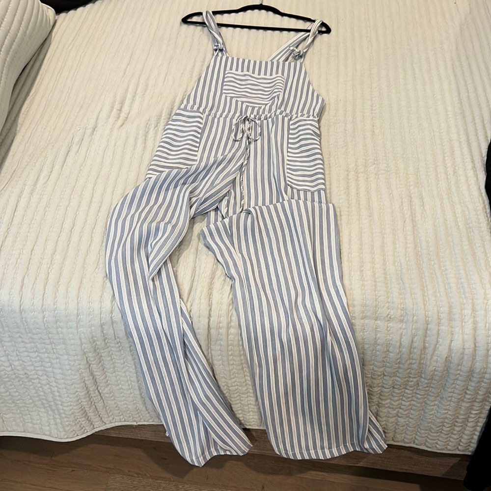Lucy love blue pin stripe flowy overalls with drawstring